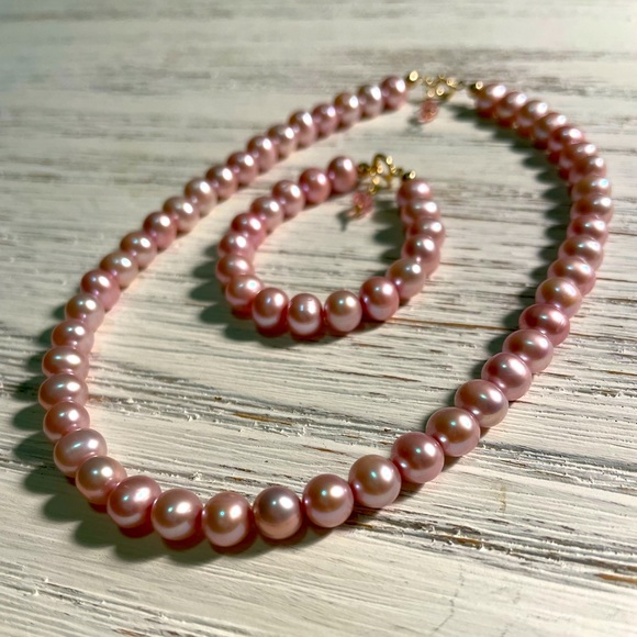 Pink fresh water Pearl necklace and bracelet set for baby and child
